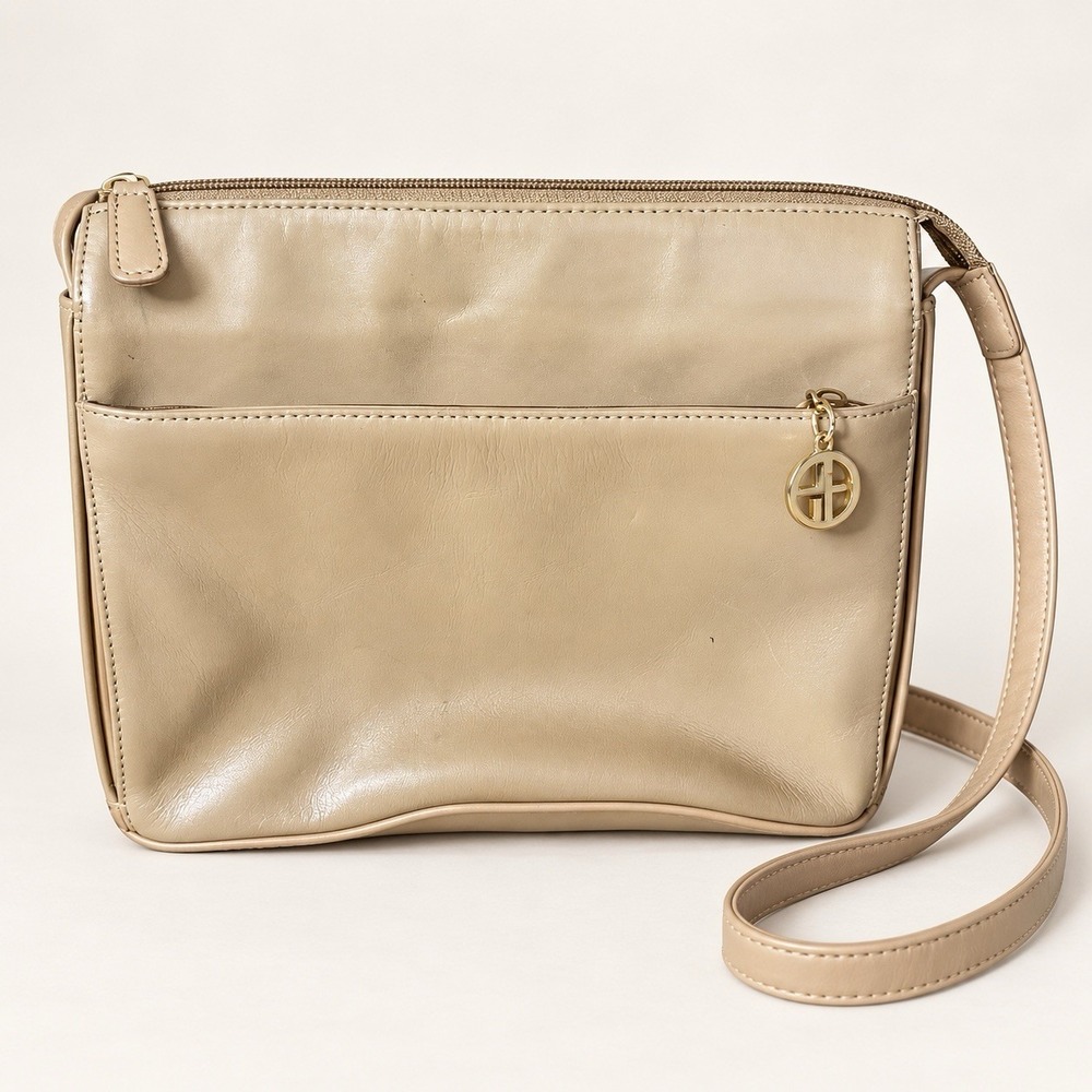 Giani Bernini Womens Beige Leather Crossbody Bag Gold Logo Charm 11x9